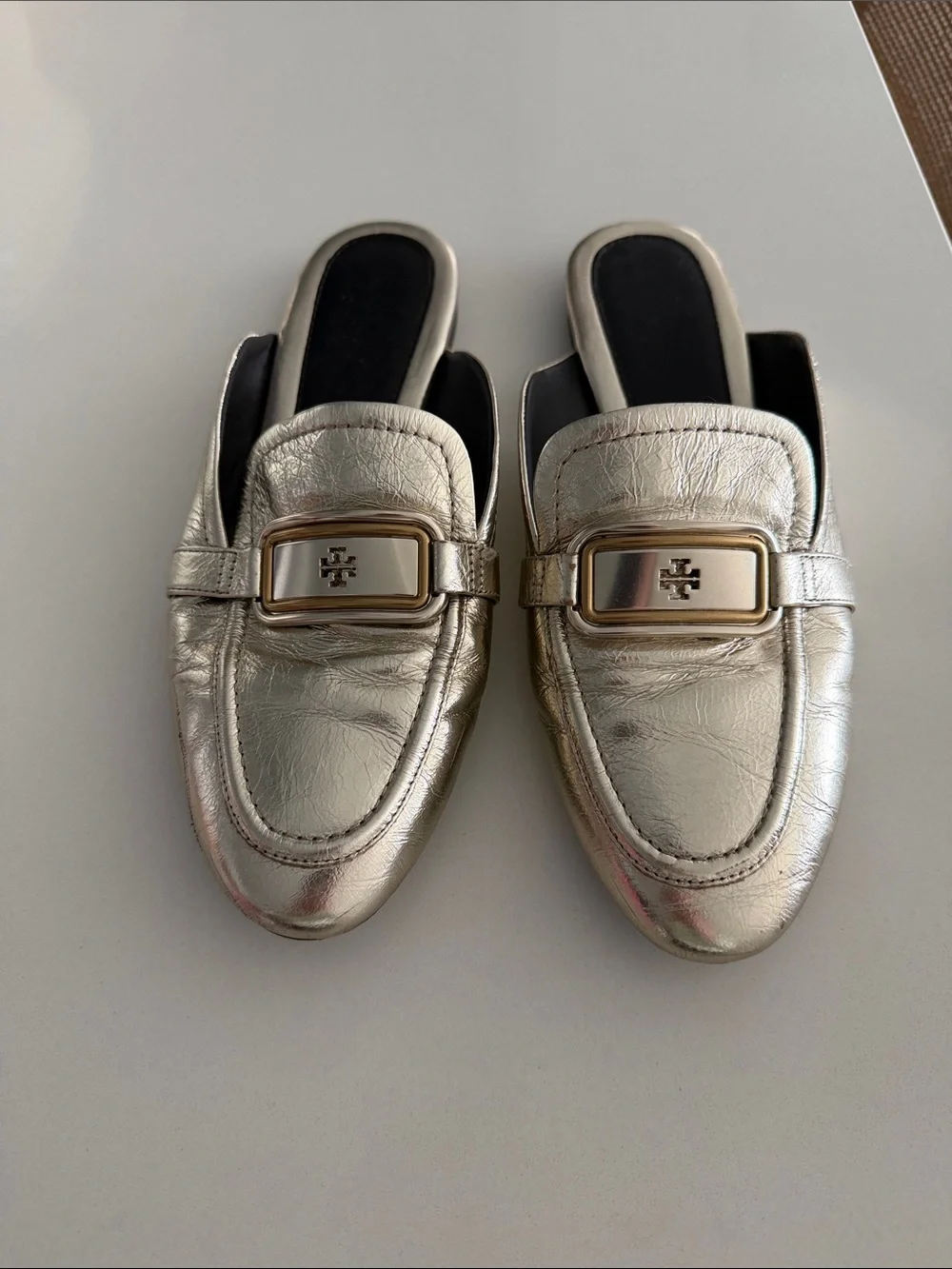 Tory Burch Metallic Gold Slip-On Mule with Logo Plaque